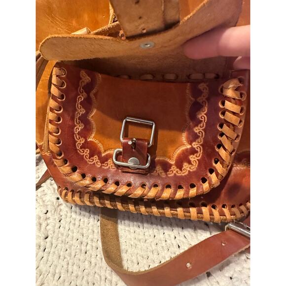 Mexican Leather Backpack Buckles Drawstring Tooled Designed Flaps Front Pocket - Picture 11 of 12